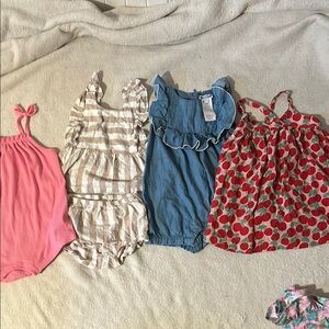 Set of 4 Baby Rompers - Pink, Striped, Denim, Cherry Print